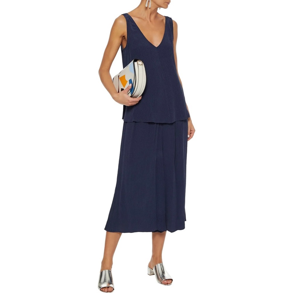 Diane Von Furstenberg Victoire Cropped Crinkled-Tencel Culottes, Navy, Sz S NWOT